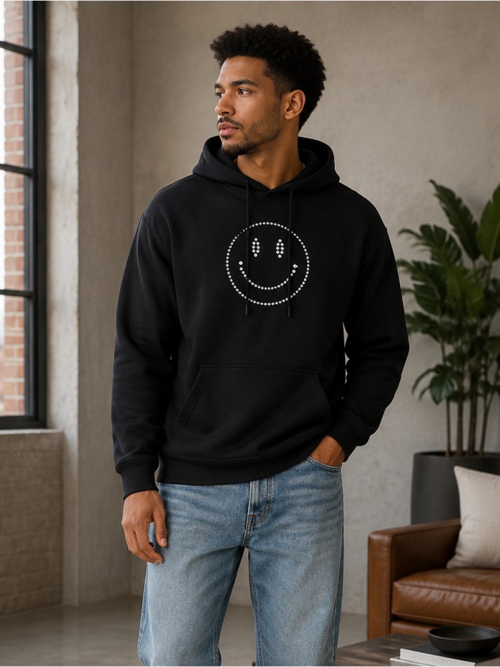 New SMILEY Swarovski Crystal Embellished Cotton Hoodie Black Size XL – MSRP $200